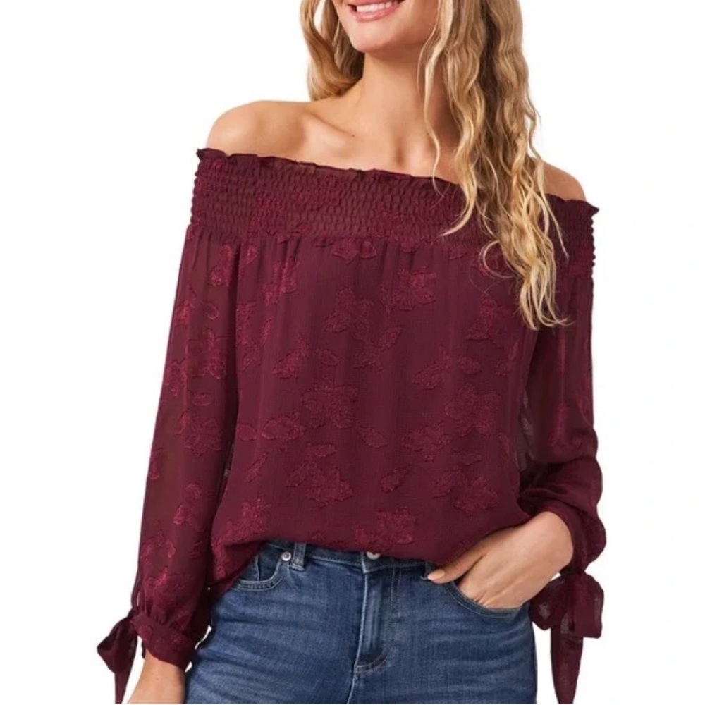 CeCe Rich Burgundy Floral Top